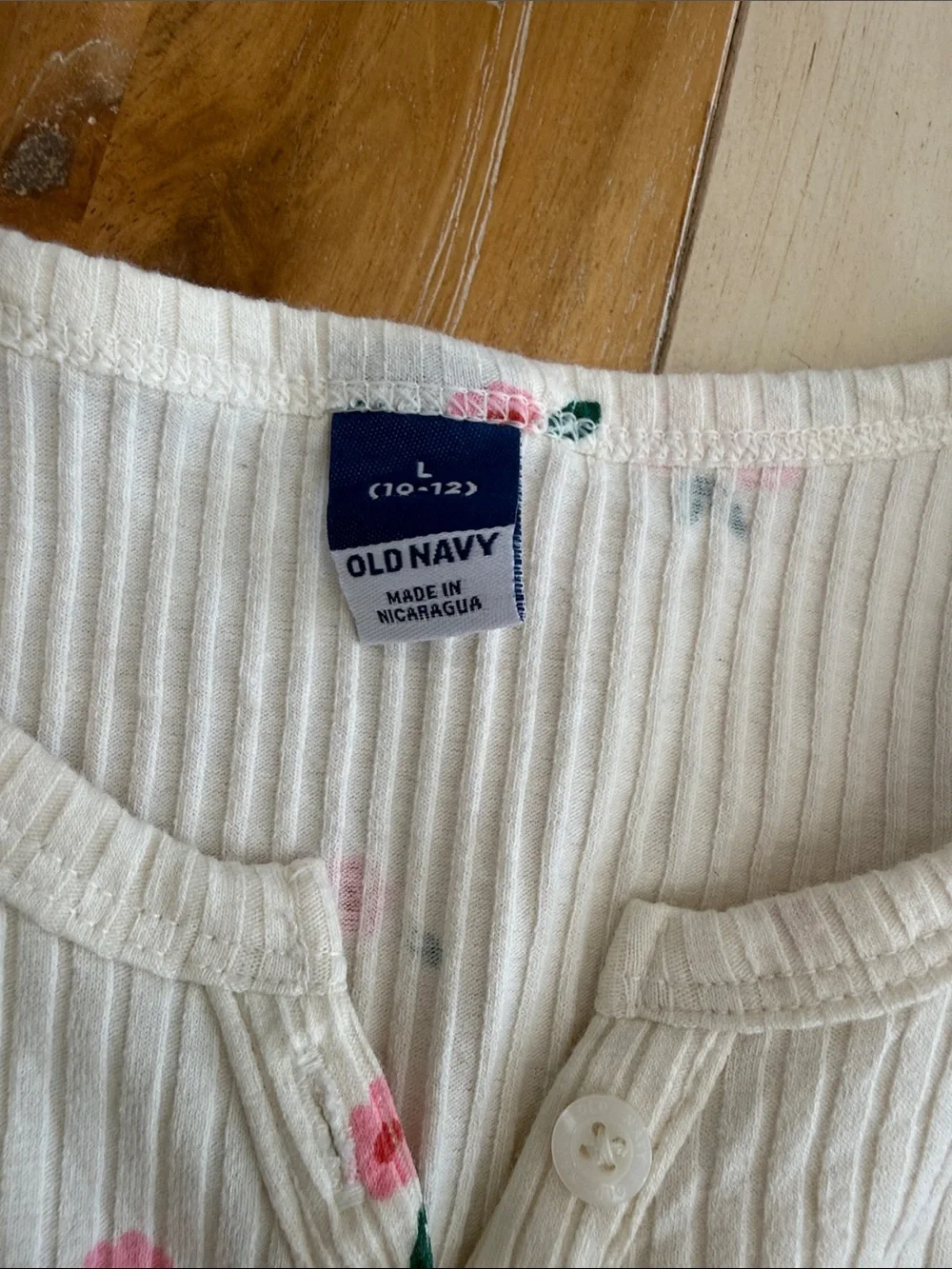 Old Navy White Ribbed Henley Long-Sleeve Top with Pink Floral Print (10/12)